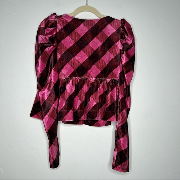 NWT Maeve Velvet Pink Maroon Plaid Puff Sleeve Top Low Cut Size Small - Picture 3 of 12